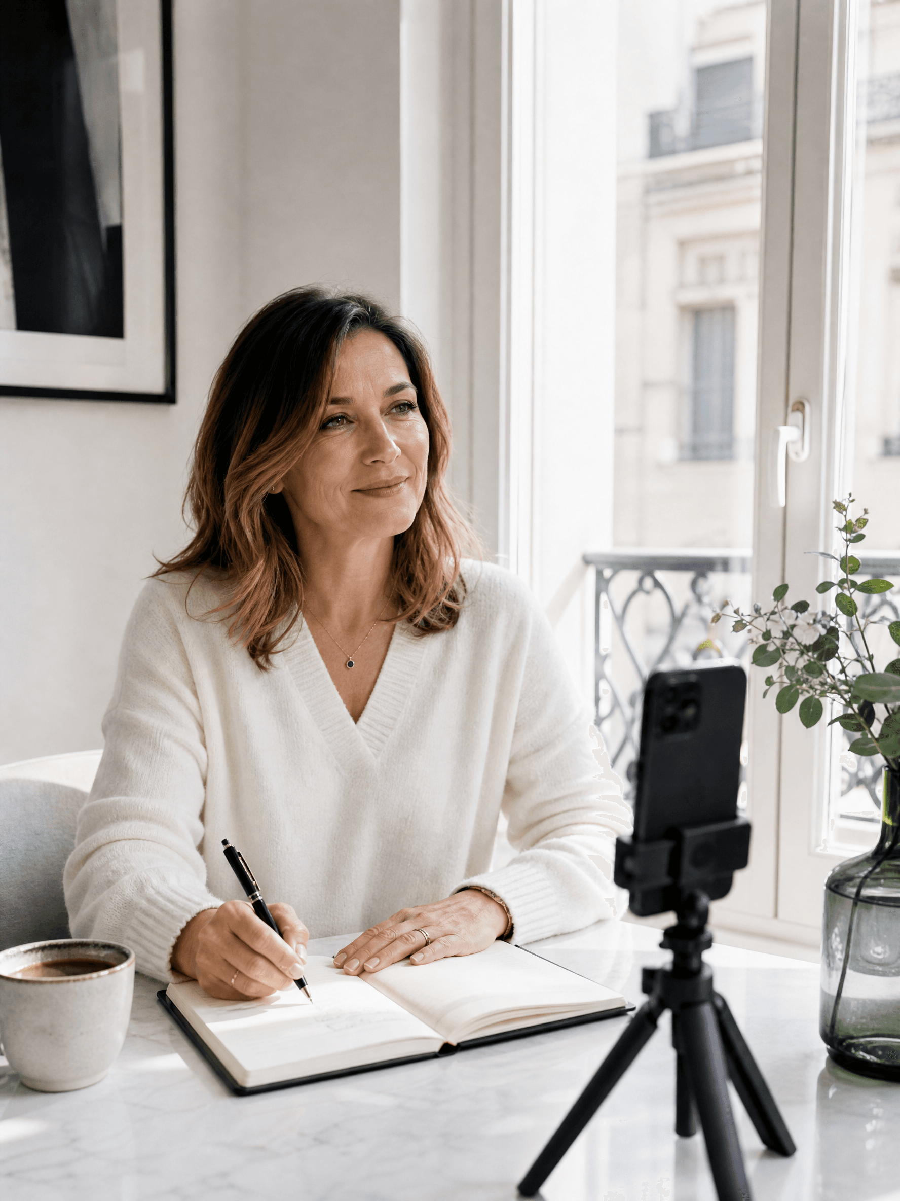 Créatrice développement perso qui écrit dans un carnet, face à son téléphone